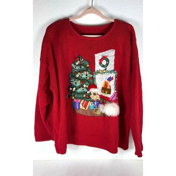 None Sweaters - Christmas Sweater Vintage 90s 3D Embroidered Tree Scene Red Large